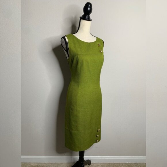 David Meister Olive Green Button Detail Sheath Dress - Picture 3 of 14